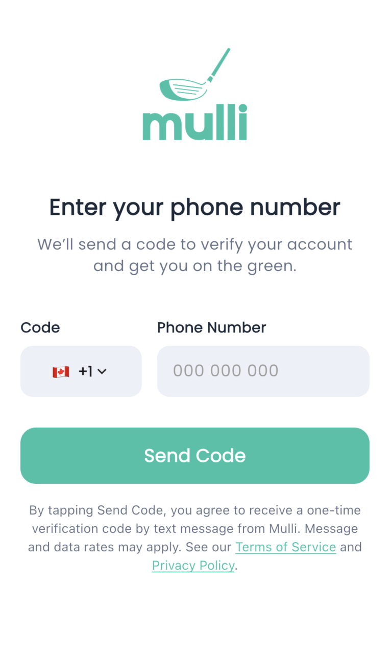 Mulli phone sign-in screen showing the SMS consent line above the Send Code button